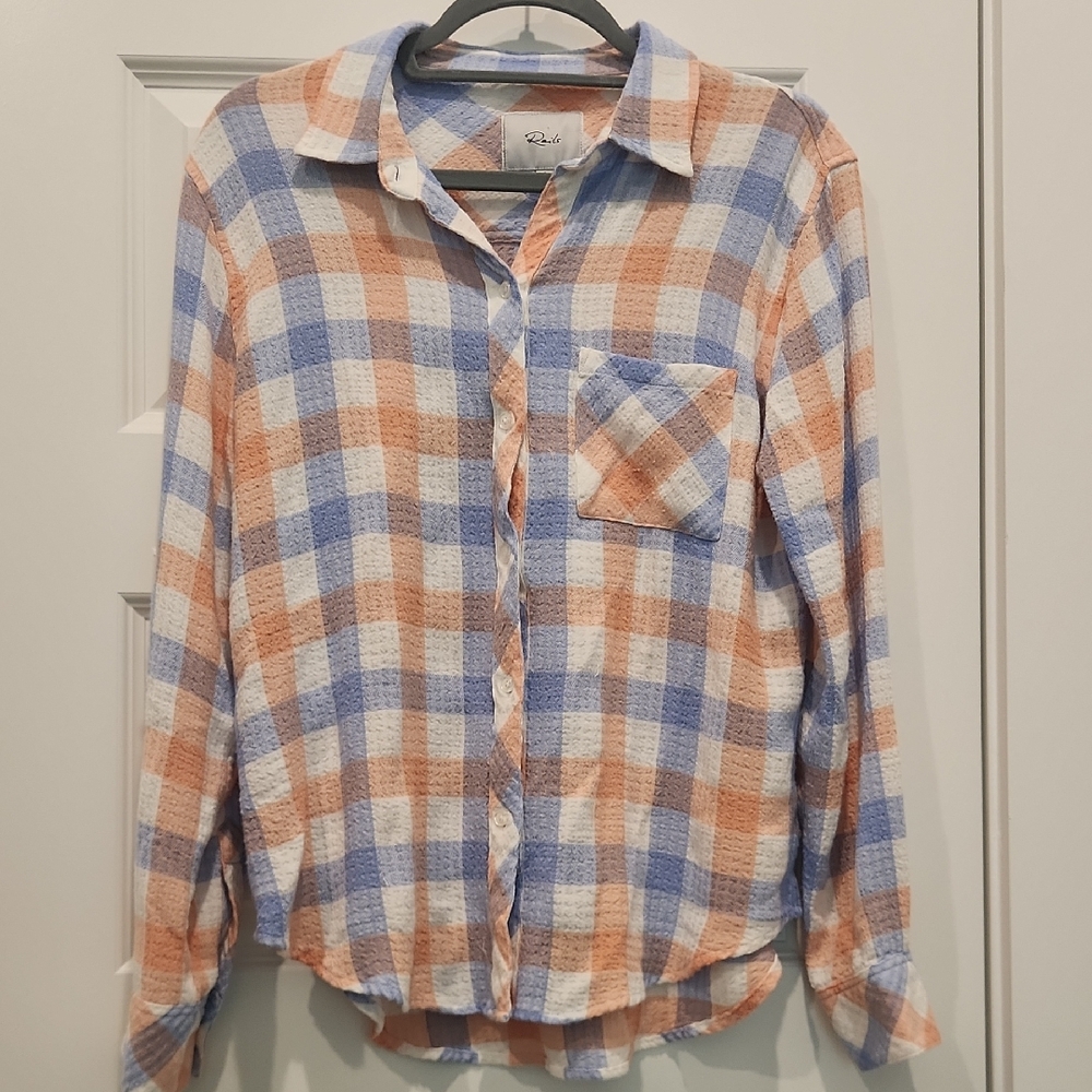 Blue and Orange Plaid Button-Up Shirt